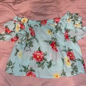 AE Mint/blue Floral Off Shoulder Shirt